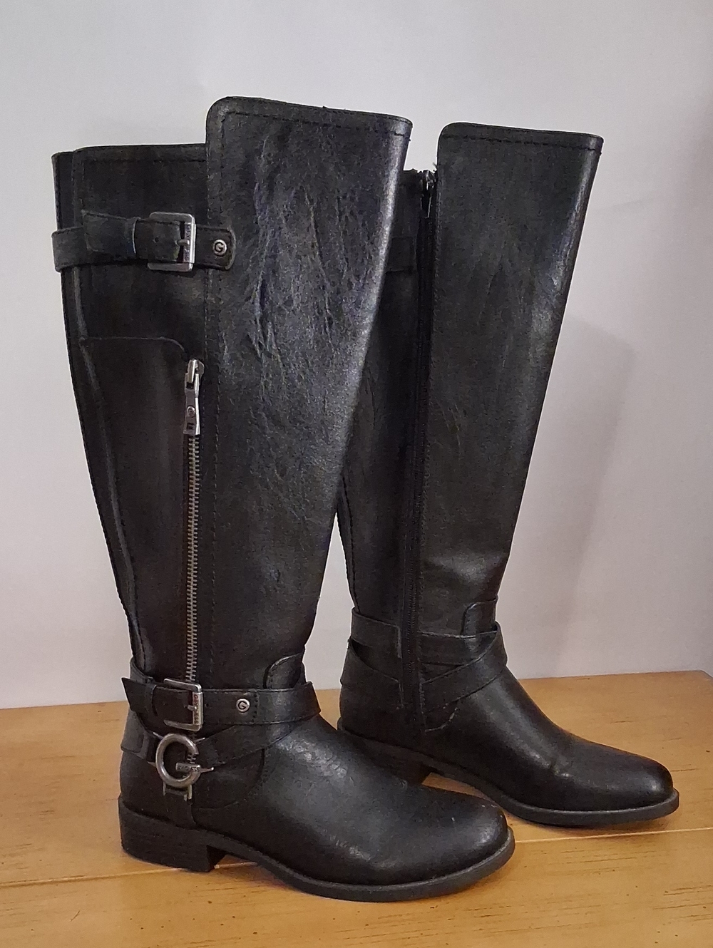 G BY Guess Black Knee-High Riding Boots - Women's Tall Zip Leather Look